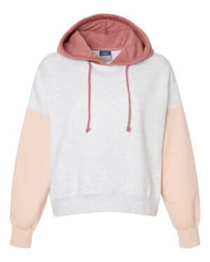 CAMEO PINK W23716 women's sueded fleece colorblocked crop hooded sweatshirt