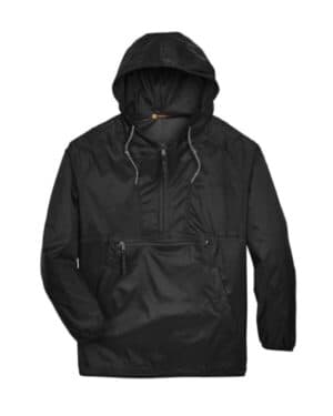 BLACK Harriton M750 unisex packable hooded nylon jacket