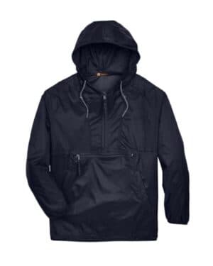 NAVY Harriton M750 unisex packable hooded nylon jacket