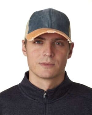 NAVY/ TANGERINE/ TAN Adams headwear OL102 ollie distressed cap