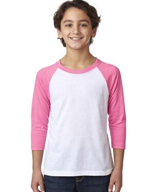 HOT PINK/ WHITE Next level apparel 3352 youth cvc three-quarter sleeve raglan