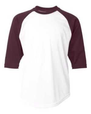 WHITE/ MAROON Badger 2133 youth b-core 3/4 sleeve baseball t-shirt