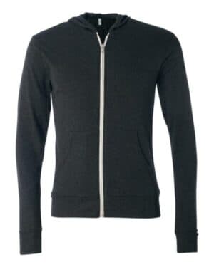 CHARCOAL BLACK TRIBLEND 3939 triblend lightweight full-zip hooded long sleeve tee