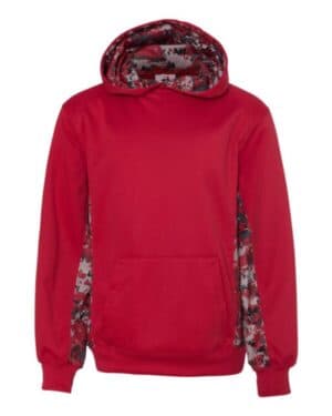 RED/ RED 2464 youth digital camo colorblock performance fleece hooded sweatshirt
