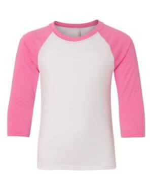 HOT PINK SLEEVES/ WHITE BODY 3352 youth cvc three-quarter sleeve raglan t-shirt