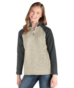 OATMEAL/CHARCOAL HEATHER 5014CR women's quarter zip color blocked heathered fleece