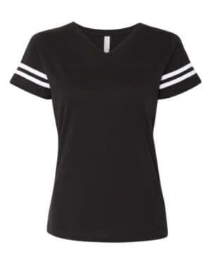 BLACK SOLID/ WHITE Lat 3537 women's football v-neck fine jersey tee