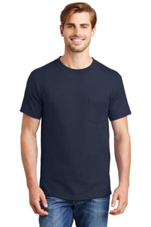 NAVY 5190 hanes beefy-t-100% cotton t-shirt with pocket