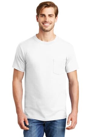WHITE 5190 hanes beefy-t-100% cotton t-shirt with pocket