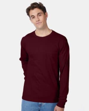 MAROON Hanes 5596 authentic long sleeve pocket t-shirt