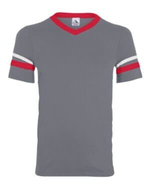 GRAPHITE/ RED/ WHITE Augusta sportswear 361 youth v-neck jersey with striped sleeves