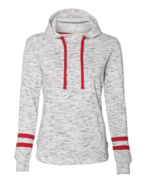 WHITE/ RED 8674 womens mlange fleece striped-sleeve hooded sweatshirt