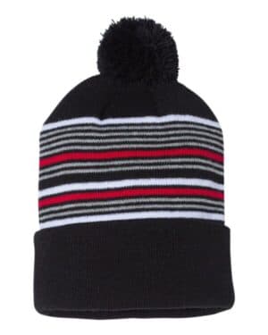 BLACK/ WHITE/ GREY/ RED Sportsman SP60 12 striped pom-pom cuffed beanie