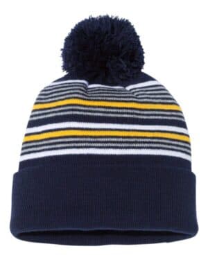 NAVY/ WHITE/ GREY/ GOLD Sportsman SP60 12 striped pom-pom cuffed beanie