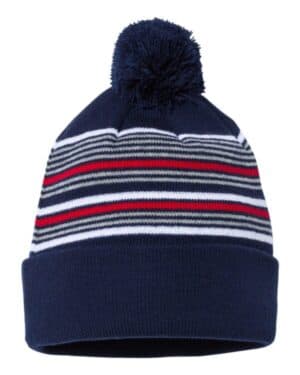 NAVY/ WHITE/ GREY/ RED Sportsman SP60 12 striped pom-pom cuffed beanie
