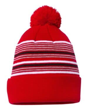 RED/ WHITE/ GREY/ BLACK Sportsman SP60 12 striped pom-pom cuffed beanie