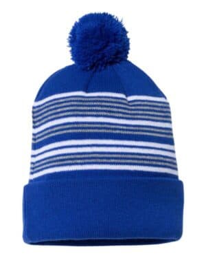 ROYAL/ WHITE/ GREY Sportsman SP60 12 striped pom-pom cuffed beanie