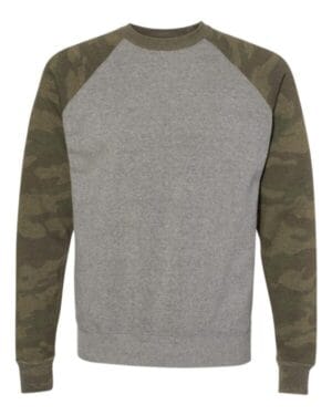 NICKEL HEATHER/ FOREST CAMO Independent trading co PRM30SBC unisex special blend raglan sweatshirt