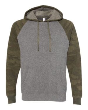 NICKEL HEATHER/ FOREST CAMO PRM33SBP unisex special blend raglan hooded sweatshirt