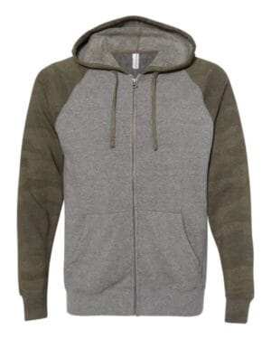 NICKEL HEATHER/ FOREST CAMO PRM33SBZ unisex special blend raglan full-zip hooded sweatshirt