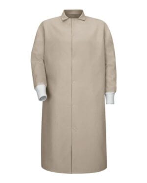 TAN KS60 gripper-front pocketless butcher coat with knit cuffs