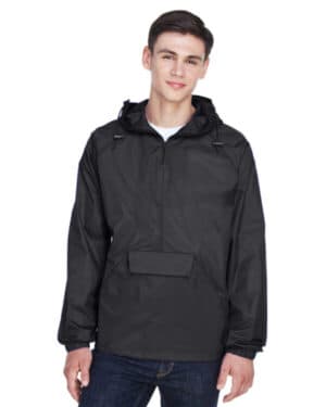 BLACK 8925 adult quarter-zip hooded pullover pack-away jacket