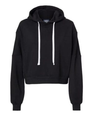 BLACK W21751 women's sueded fleece crop hooded sweatshirt