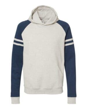 OATMEAL HEATHER/ INDIGO HEATHER 97CR nublend varsity colorblocked raglan hooded sweatshirt
