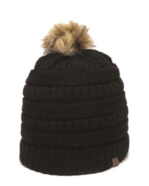 BLACK Outdoor cap OC805 cable knit faux fur pom