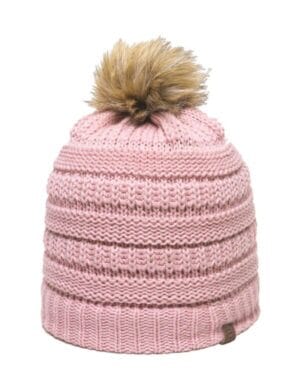 ROSE GOLD Outdoor cap OC805 cable knit faux fur pom