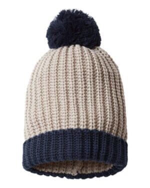 STONE/ NAVY Richardson 143R chunky cable with cuff & pom beanie