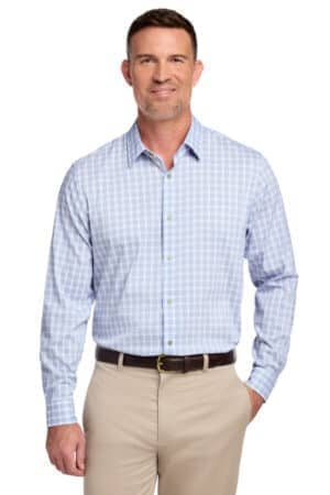 WHITE/ NEWPORT BLUE GRID CHECK BB18006 brooks brothers tech stretch patterned shirt