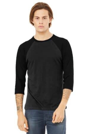 BLACK HEATHER/ BLACK BC3200 bella canvas unisex 3/4-sleeve baseball tee