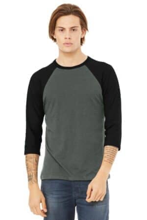 DEEP HEATHER/ BLACK BC3200 bella canvas unisex 3/4-sleeve baseball tee