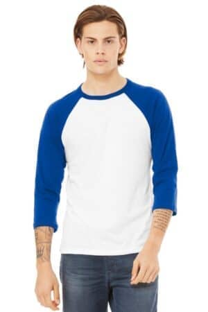WHITE/ TRUE ROYAL BC3200 bella canvas unisex 3/4-sleeve baseball tee
