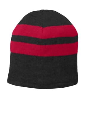 BLACK/ ATHLETIC RED C922 port & company fleece-lined striped beanie cap