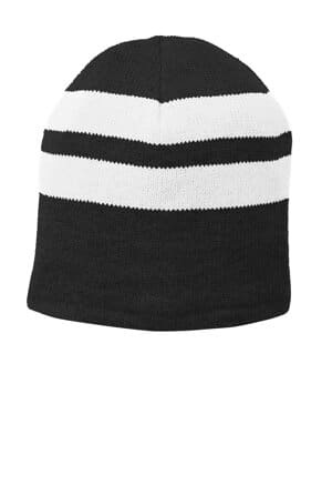 BLACK/ WHITE C922 port & company fleece-lined striped beanie cap