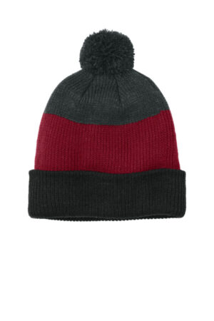 DEEP BLACK/ RICH RED/ CHARCOAL HEATHER C979 port authority cozy striped pom beanie