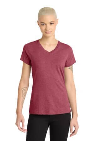 HEATHERED RED DM1190L district women's perfect blend cvc v-neck tee