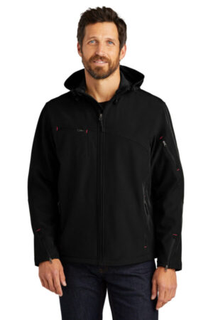 BLACK/ ENGINE RED J706 port authority textured hooded soft shell jacket