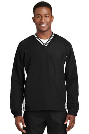 BLACK/ WHITE JST62 sport-tek tipped v-neck raglan wind shirt