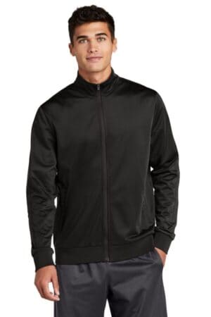 BLACK/ BLACK JST94 sport-tek tricot sleeve stripe track jacket