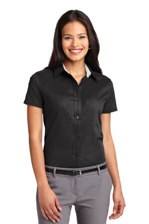 BLACK/ LIGHT STONE L508 port authority ladies short sleeve easy care shirt