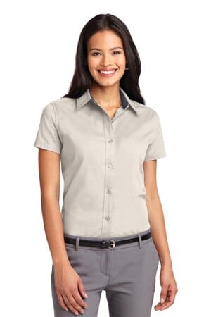 LIGHT STONE/ CLASSIC NAVY L508 port authority ladies short sleeve easy care shirt