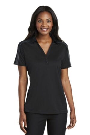BLACK/ STEEL GREY L547 port authority ladies silk touch performance colorblock stripe polo