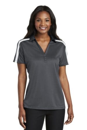 STEEL GREY/ WHITE L547 port authority ladies silk touch performance colorblock stripe polo