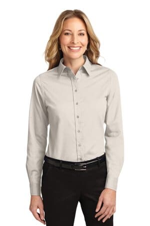 LIGHT STONE/ CLASSIC NAVY L608 port authority ladies long sleeve easy care shirt