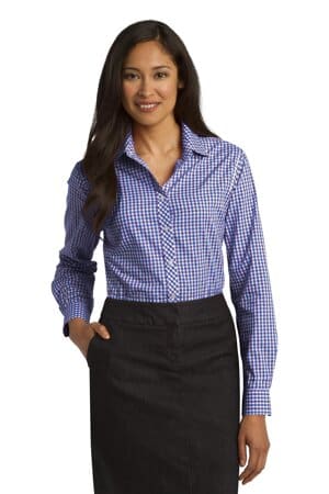 BLUE/ PURPLE L654 port authority ladies long sleeve gingham easy care shirt