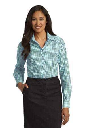 GREEN/ AQUA L654 port authority ladies long sleeve gingham easy care shirt