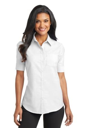 WHITE L659 port authority ladies short sleeve superpro oxford shirt